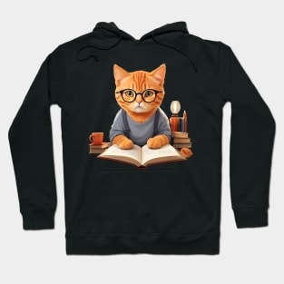 Nerd ginger cat reading book wearing glasses Hoodie